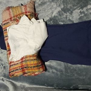 Navy flaired dress pants, white long sleeve tee, multi color big scarf